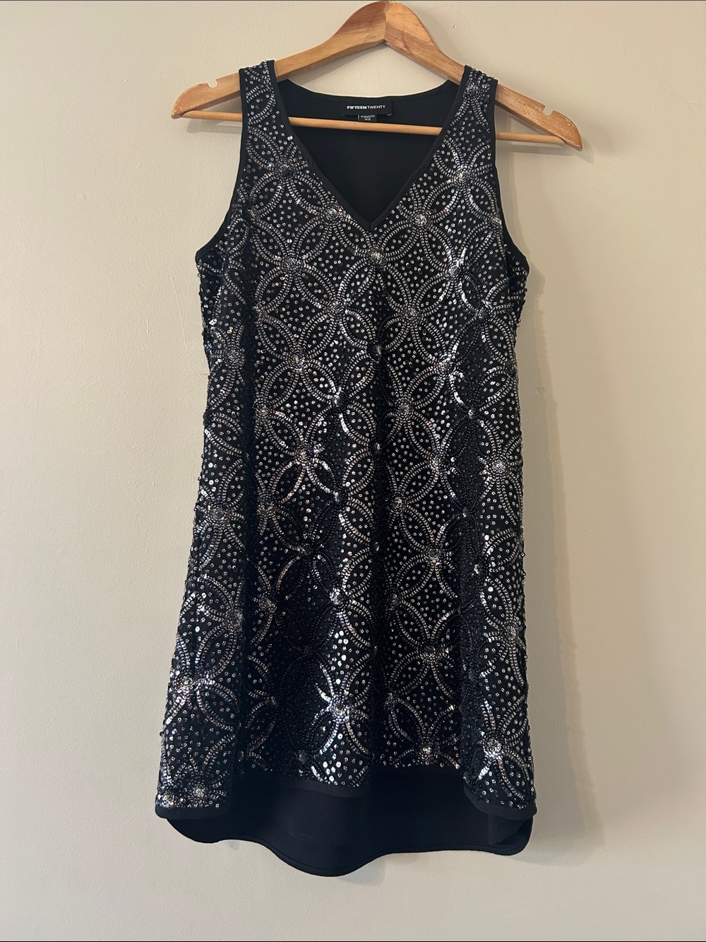 Fifteen Twenty Black Sleeveless Mini Dress All Over Silver Sequin Overlay XS LBD